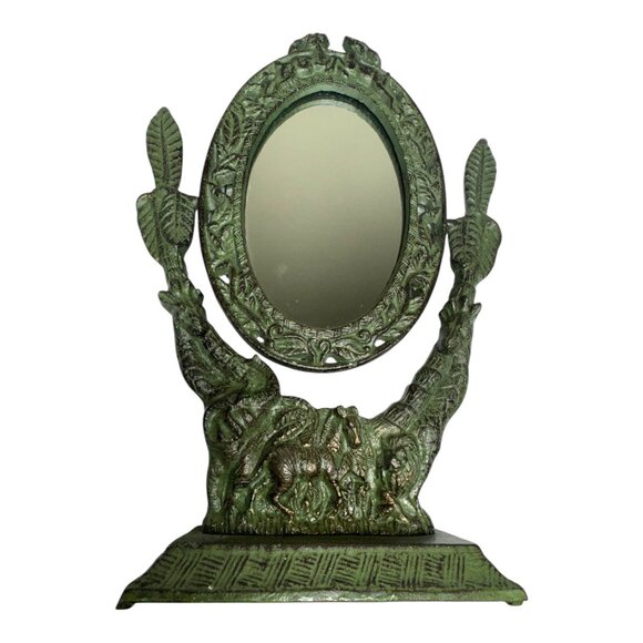 Antique Art Nouveau Safari-Themed Oval Vanity Mirror With Zebra & Giraffe Motif - Picture 1 of 9